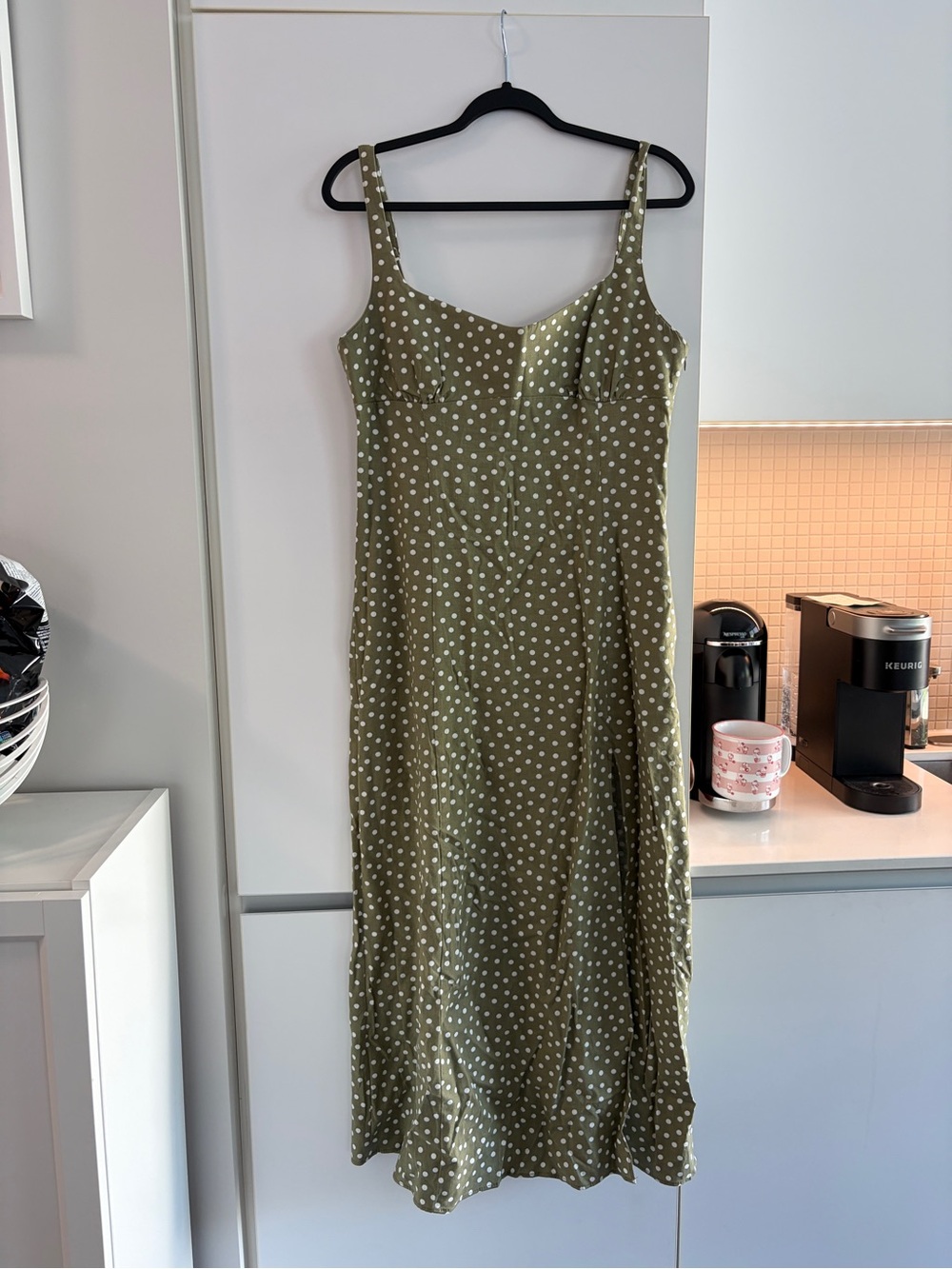 Zara Olive Green Polka Dot Midi Slip Dress
